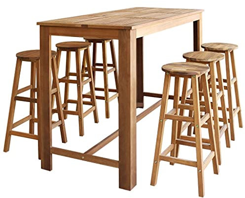Mogou Bartisch und Hocker-Set 7-TLG Stehtisch Küche, Tisch, Hochtisch, Bartische & -theken, Esstisch, Bar Tisch, Bar Table, Akazienholz Massiv