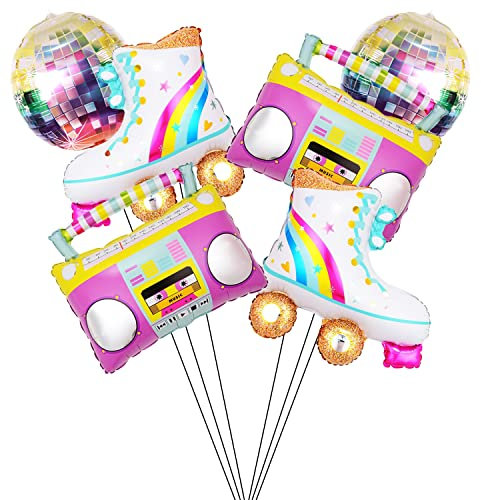 Kawailay 6 Pcs Rainbow Roller Skate Boom Box Balloons Rainbow 22 Inch 4D Disco Ball Balloons 80s 90s Retro Party Balloon for Dance Wedding Anniversary Graduation Baby Shower Birthday Party Decor