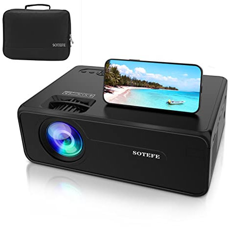 SOTEFE Proiettore portatile - Videoproiettore LED 1080P Full HD compatibile con TV-Stick iPhone Samsung, Huawei Smartphone TV-Box, PS5, console di gioco, HDMI, USB, scheda TF, proiettore AV Home