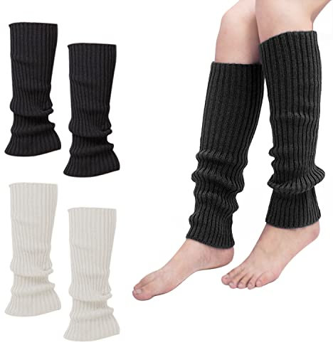 2 Paar gestrickte Beinlinge für den Winter, Beinlinge aus Wolle für Herbst und Winter, elastische Beinhandschuhe in Schwarz und Weiß, 40-cm-Strümpfe, geeignet für Herbst und Winter.