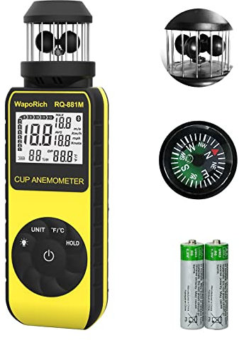 Anemometro Portatile a Tazza, WapoRich Misuratore di Velocità del Vento 0.7~42m/s per Qualsiasi Direzione del Vento, Temperatura (℃/℉) con Bussola per HVAC, Tiro, Vela, Drone RQ-881M