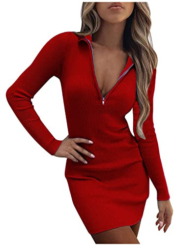 TRIGLICOLEUM Strickkleid Damen Sexy Einfarbige Etuikleid Winterkleid Reißverschluss V-Ausschnitt Pulloverkleid Winter Langarm Wickelkleid Bodycon Minikleid Hüftkleid Bleistiftkleid Große Größen 3XL