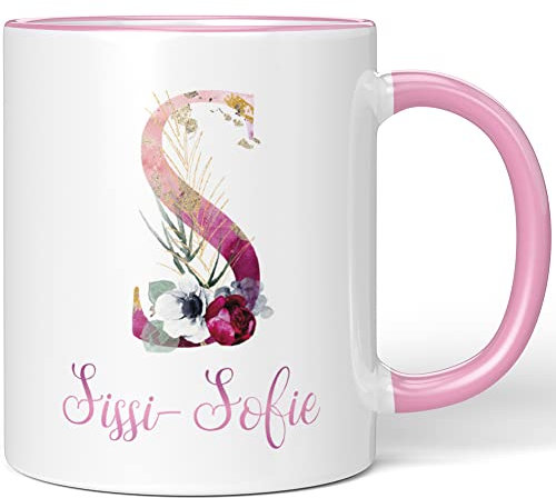 JUNIWORDS Tasse, Sissi-Sofie, Name Anfangsbuchstabe Initial Alphabet Floral Buchstabe S Monogramm Motiv, Rosa (5542388)