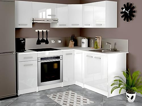 Vente-unique Cocina Completa de Esquina - 9 Elementos de Almacenamiento - Blanco - TRATTORIA