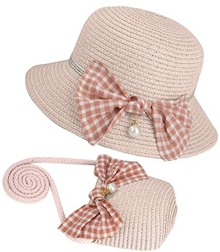 MengH-SHOP Cappello da Sole per Bambina Cappello di Paglia Cappello da Spiaggia Estivo e Mini Set di Borse con Decorazione a Fiocco per Viaggio Vacanze attività All'aperto (Rosa)
