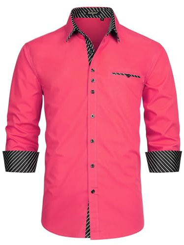 Enlision Camisas para Hombre Casual Camisa de Vestir Formal Camisas Manga Larga Camisa Rosa Fucsia S