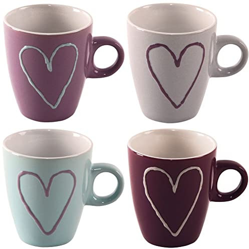 Juego de 4 tazas de café con asa, diseño de corazones, 230 ml