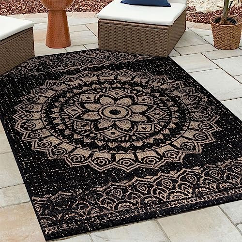 HomebyHome Outdoor Teppich Wetterfest 80x150 cm Sisal Optik Streifen Design Läufer Schwarz - Balkon Läufer Wasserfest Küchenteppich - Für Garten, Terasse, Camping, Außenbereich Teppich