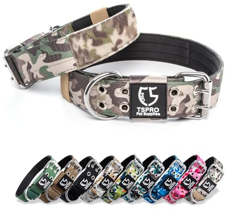 TSPRO Collier Tactique Chien Collier Chien avec Boucle en Métal et Patchs, Reglable Collier de Chien Épais et Solide pour Les Chiens de Grande à Très Grande Taille (Vert Militaire L)