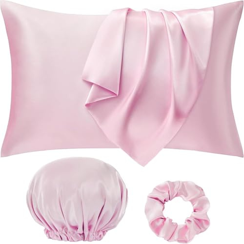 Seiwohl Silk Satin Pillowcase Soft as Silk Pillowcases for Hair and Skin Pink Pillow Cases 2 Pack with Satin Scrunchies and Bonnet for sleeping, Cooling Pillow cases Envelope Closure, 50x75 cm