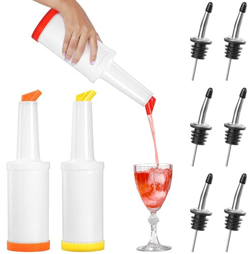 Winter Shore Botellas Plastico para Zumos de Frutas y Licores [Pack de 9] - Utensilios de Bar con 3 Vertedores de 1 L y 6 Boquillas de Acero Inoxidable - Botellas Reutilizables de Calidad Alimentaria