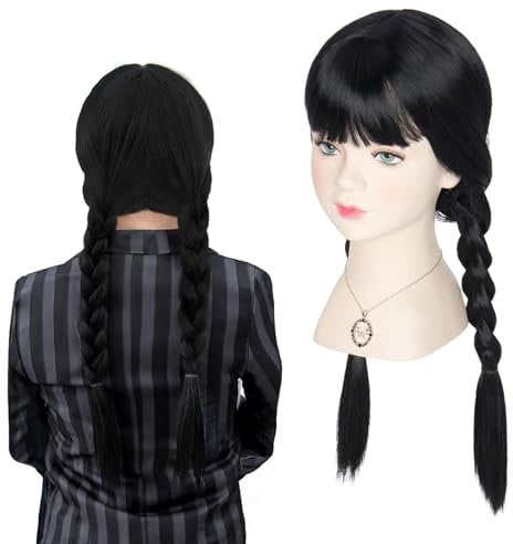 Schwarze Geflochtene Perücke,Perücke Doppelt Geflochten Perücken,Geflochtene Perücke Doppelter Pferdeschwanz，Lange schwarze Geflochtene Perücken,Geeignet für Maskeraden-Rollenspiele