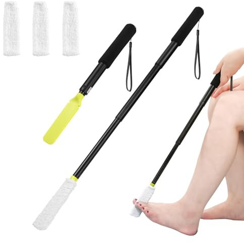 Fanwer Toe Cleaning Brush,Foot Brush with Reusable Drying Covers.Foot Scrubber with Telescopic Aluminum Alloy 12-24,Long- Handled Toe Lotion Applicator for Seniors,Elderly, Disabled Men and Women
