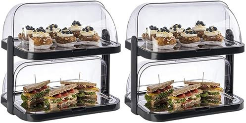 APS 9204 Buffetvitrine „Doppeldecker“ – 2 beidseitig aufklappbare, transparente Rolltophauben, 2 Edelstahl-Tabletts, 4 Kühl-Akkus, platzsparend lagerbar – Made in Germany, Schwarz (Packung mit 2)