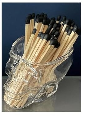 Mabel & Ivy Candle matches skull pot skull holder gothic homeware decor candle match sticks (Black tip matches)