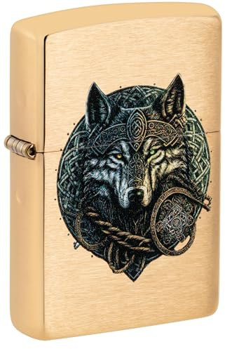 Zippo Windproof Lighter - Wolf Warrior, Brushed Brass, Colour Image, Refillable, Reusable, Windproof Design, Gift Box, Made in USA