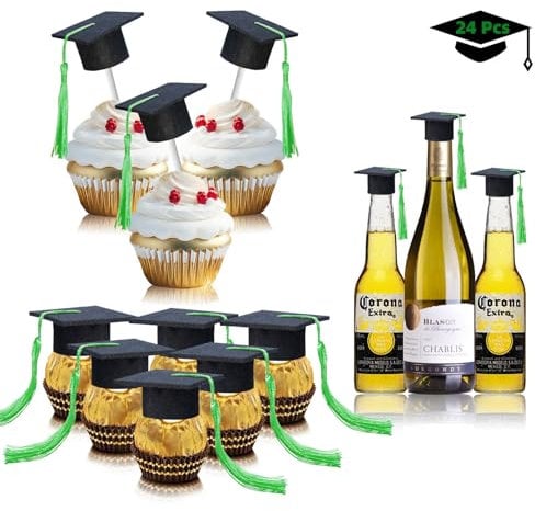 Mini Graduation Caps Decorations, 24 Pcs Small Black Grad Hats with Green Tassels Class of 2024 Cupcake Toppers Bottle Cover Decor for School College kindergarten Congrats Party Supplies Tiny Favors