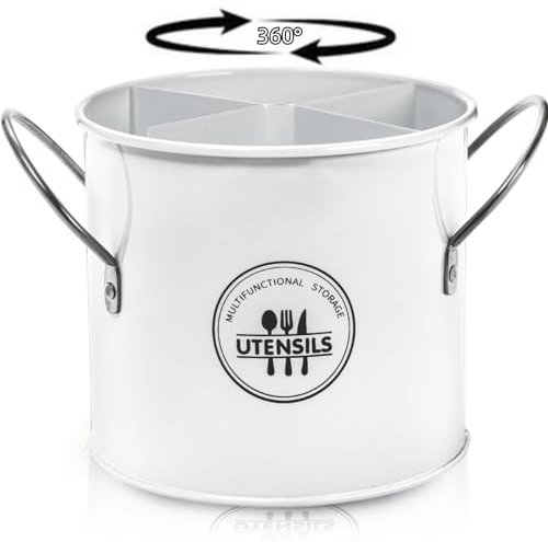 Noamus Vintage Farmhouse Utensil Holder, 4 Compartment Metal Silverware Cutlery Caddy with Removable Divider, Round Flatware Organizer with Handle for Kitchen Countertop, Fork Spoon Knife, White