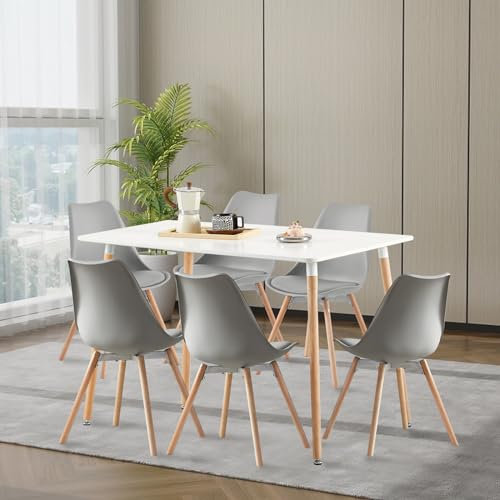FURNITABLE Esszimmergruppe mit 6 Stühlen, Rechteckig Küchentisch-Set Essgruppe für Küche Esszimmer und Wohnzimmer (Weiß Tisch+6 Grau Esszimmerstühle)