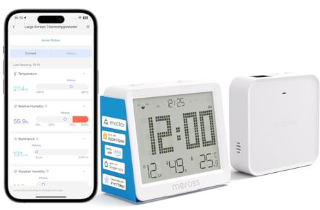 Meross Matter Hygrometer Thermometer Innen, WLAN Wetterstation Ausgestattet mit Benachrichtigung, Smart LCD Temperatursensor und Matter Hub, Kompatibel mit Apple HomeKit, Alexa, Google Home