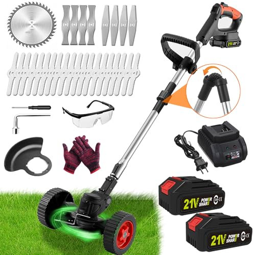 Electric Weed Wacker Battery Operated, Cordless Weed Trimmer 21V Battery Powered, 3 in 1 Lightweight Stringless Weed Trimmer with Wheels, Push Grass Trimmer/Lawn Edger/Brush Cutter for Yard and Garden