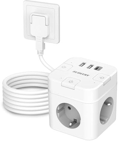 6 en 1 dados de enchufe con USB C, 3 enchufes cúbicos, regleta plana con conmutable individual, enchufe múltiple con cable de 4 m, para oficina, casa, viajes, color blanco