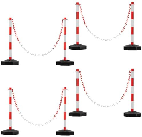 Ikodm 8X Absperrpfosten, Kettenpfosten von 1,4 m Kunststoff Absperrketten Rot und Weiß, Poller Standfuß fasst 3,5 kg Wasser und Sand, Sperrpfosten für Parkplatz, Garage, Auffahrt, dem Tor