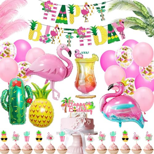 Flamingo Geburtstag Deko Set, 34 Hawaii Party Deko, Flamingo Party Dekoration, Hawaii Deko Flamingo Ballons, Hawaii Party Folienballon, Tropical Ballons Flamingo Deko, Party Deko Happy Birthday Hawaii