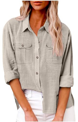 Leinen Shirt Damen,Long Hemd Damen Lang,Leinen Damenhemd Sommer Langarm Revers Button Down Hemd Leichte Gaze lose lässige Mode Shirt Kleidung,Beige,XL