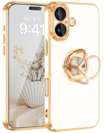 Fingic for iPhone 16 Case[with 360°Rotatable Ring Holder][Support Magnetic Car Mount] Shiny Plating Gold Slim Fit Thin Soft TPU Bumper Shockproof Case for iPhone 16 for Girls Boy,White
