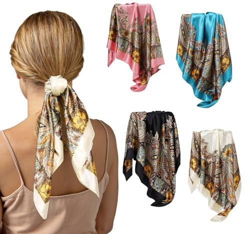 LUBOXIN 90x90cm Kopftücher für Damen 4 Stück Große Quadratische Bandana Damen Elegante Schals Tuch für Frauen Haarschmuck Satin Kopftuch für Damenhaar, Schlaf, Strand, Alltag oder Party