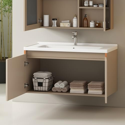 KAZZIO Badmöbel Einzel Waschtisch mit Unterschrank mit Keramik-Waschbecken, Hellbraun (90cm)