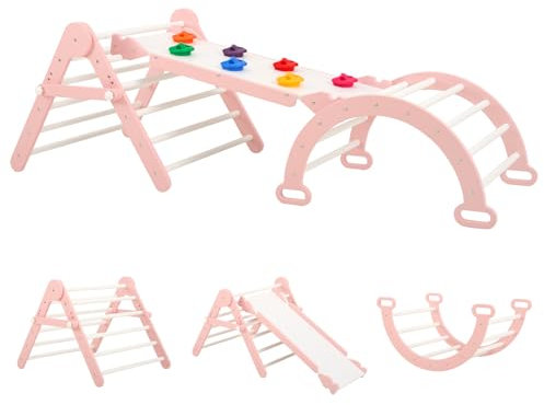FUNLIO Ensemble Triangle de Pliable pour Les Bambins de 2 à 5 Ans, Arche Montessori d'escalade Enfant, Air de Jeux Bebe Interieur 5 en 1 avec Arche/Toboggan/Roche d'escalade/Triangle - Rose