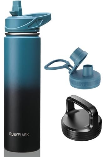 RUBYFLASK 24oz Insulated Water Bottle with Straw, Stainless Steel Metal Vacuum Water Flask, Large Thermal Water bottle with Leakproof 3 Lids for Travel, Camping, Gym Sports Indigo Black