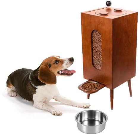 Wooden Elevated Pet Feeder with Stainless Steel Bowl - Comfortable Feeding Station for Dogs, Can Store 10Kg Food - Pet Dining Table, B-M