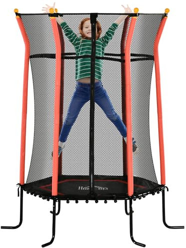 HOMCOM Cama Elástica Infantil de Jardín Ø163,5x190 cm Trampolín para Niños de +3 Años con Red de Seguridad y Marco de Acero para Interior Exterior Carga 50 kg Negro y Rojo
