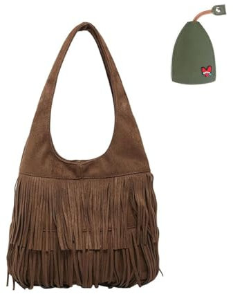 RICOKJRDE Bolso De Ante con Flecos Y Borlas para Mujer, Bolso Bandolera con Borlas Estilo Bohemio, Bolso De Hombro De Gran Capacidad para El Trabajo Y El Ocio (Coffee)
