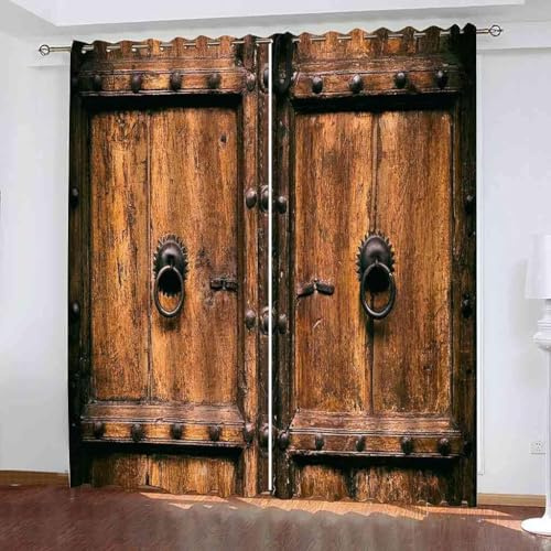 ZZTBQ Jahrgang Holztür Verdunkelungsvorhang Ösenschal Rustikaler Landhausstil 2er Set Gardinen Wohnzimmer Modern Kurz Blickdichte Vorhänge für Schlafzimmer Gardine, 100x160 cm (BxH), 2er Set