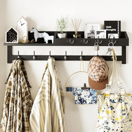 AMBIRD 89cm Wall-Mounted Coat Rack, Large Coat Hanger, Entryway Shelf with 7 Dual Hooks and 4 Key Hooks, Mail Organiser, Wooden Key Holder (Black)