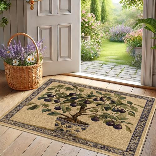 Paillasson motif figuier, fruits violets pour entrée extérieure et intérieure, décoration printanière, en caoutchouc imperméable, antidérapant, absorbant la poussière, facile à nettoyer, 73,6 x 43,2