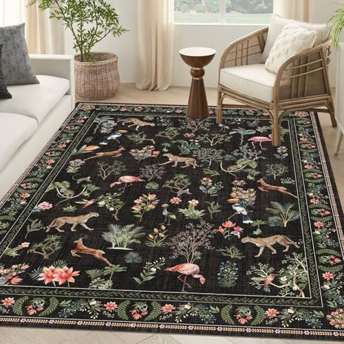 Waschbarer Teppich, Boho, Blumenmuster, groß, Tier, Botanik, Wohnzimmerteppich, Gepard, Flamingo, rutschfest, weich, bunt, orientalisch, Vintage, Schlafzimmer, Esszimmer, Kinderzimmer, Zuhause, Büro