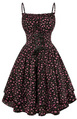 Damen Viktorianische Corsagenkleid A Linie mit Schnürung Fairy Kleid Schwarz Rosa Blumen L