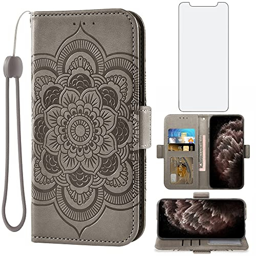 Asuwish Phone Case for iPhone 11 Pro 5.8 Wallet Cover with Tempered Glass Screen Protector and PU Leather Flip Credit Card Holder Cell Accessories iPhone11pro iPhone11 i XI 11s 11pro Women Men Grey
