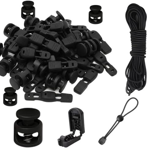 18m Elastische Gummischnur 3mm, Gummiband Rund Schnur Elastische Gummiseil mit 40 Kordelstopper Kordelklemme 20 Kordelstopper 2 Loch Schwarz Gummikordel für Kordelzug Rucksack Bekleid Wäscheleinen