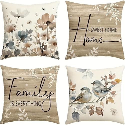 PVOODIRE Kissenbezug 40x40 4er Set Leinen mit feinem Blumenmuster für Sofa | Natürliches luftdurchlässiges Material, dekorativ und ein passendes Geschenk zu Feiertagen