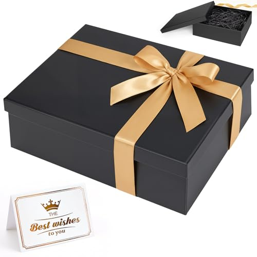 Samlior Geschenkbox 25x18x8,5cm, Geschenkkarton mit Deckel, Faltbar Geschenkboxen mit Grußkarte Raffiabast und Schleife für Geburtstag Hochzeit Jubiläum Weihnachten- Schwarz