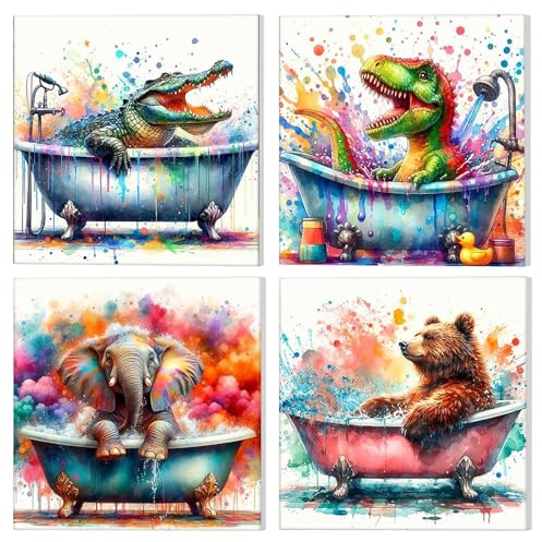 NAIMOER 4 Pack Animals in Bathtub Paint by Numbers Kits for Adults with Frame, DIY Paint by Numbers for Beginners Funny Animals, Painting by Numbers on Canvas Gifts for Home Decor 20x20cm