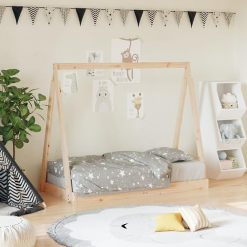 IBUQDDV Massivholz Kiefer Kinderbett 70x140 cm Tipi-Design Einzelbett mit robusten Latten für Stabilität und Belüftung, bodentiefes Bettgestell aus massivem Kiefernholz, sicheres
