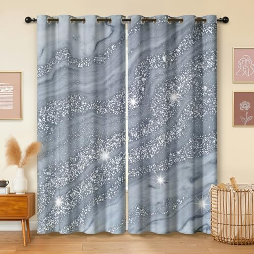 Havenix Marmor Grau Silber Glitzer Vorhänge Blickdicht Gardinen mit ösen Modern Abstrakt Steinoptik Vorhang 166 cm Lang Verdunklungsvorhänge für Schlafzimmer Wohnzimmer Fenster 2er Set