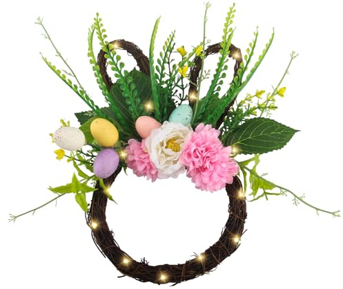 GZGXKJ Ghirlanda Pasquale per Porta Pasquali Coniglio in Rattan Ghirlande | Con Luci a Corda, Decorazione Porta Ingresso Addobbi Pasquali Ghirlanda Primaverile
